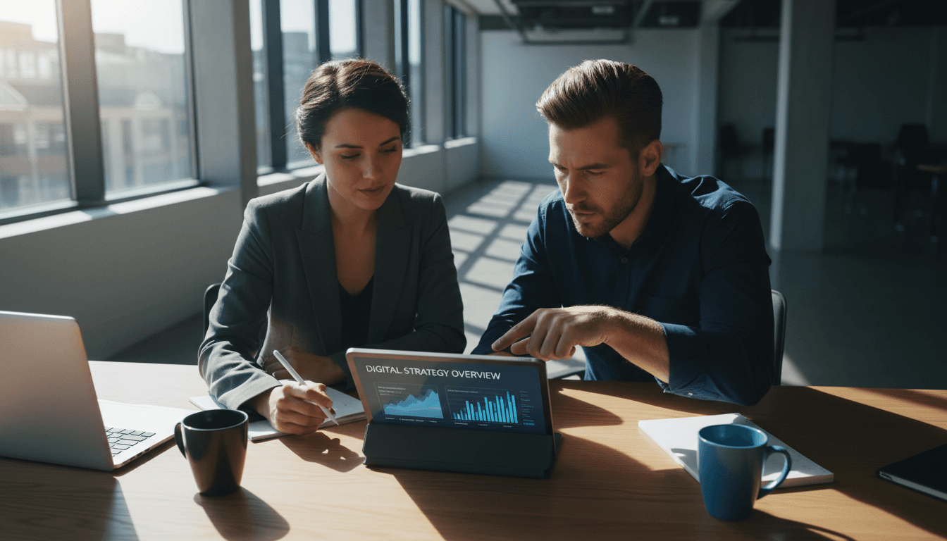 Two digital marketing professionals reviewing analytics and strategy on a tablet in a modern Wolverhampton office