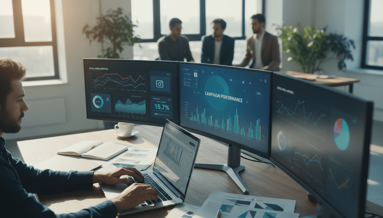 Digital marketing strategist working with analytics and SEO data on laptop at desk