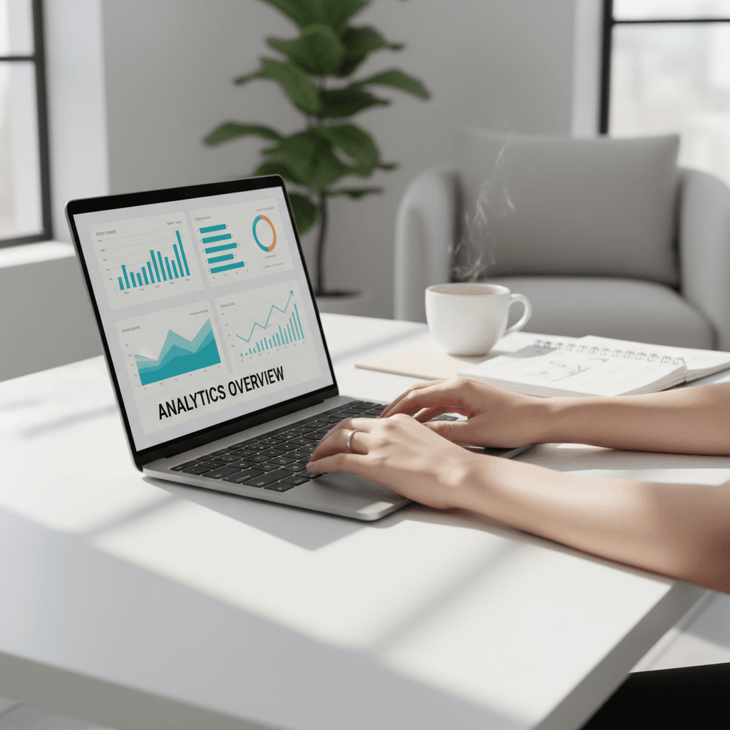 Professional working at laptop with digital marketing analytics and growth charts displayed on screen
